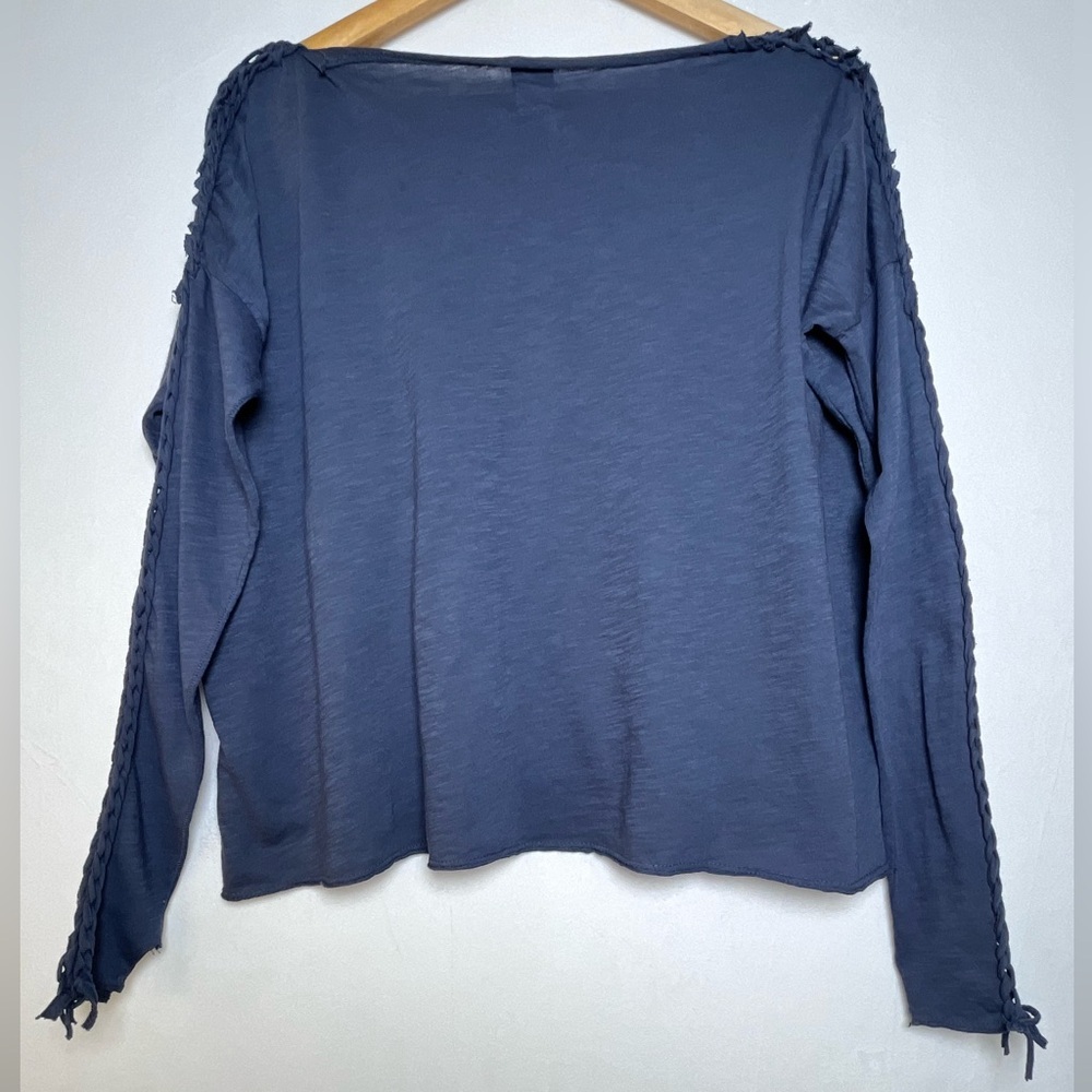 NSF Women’s XS/S Blue Hand Knotted Sleeve Raw Hem Cropped Cotton Top Made in USA - Picture 6 of 6